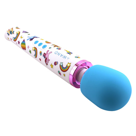 A gorgeous, adorable wand vibrator covered in rainbows and unicorns